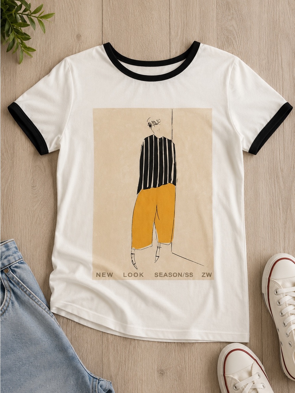 Zara White Graphic Print Ringer T-Shirt Size XS | Minimalist Art Tee